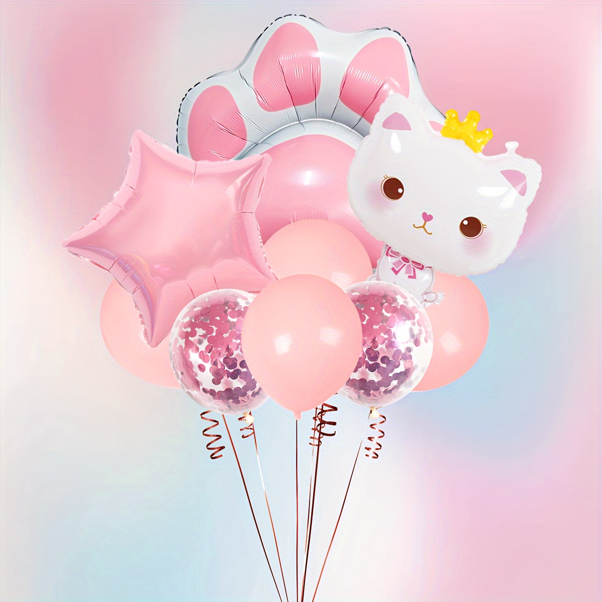 

11pcs Cute Crown Cat Balloon Set, Contains Pink Cat Paws, Stars, Confetti Latex Balloons, Suitable For Birthday Party Decoration, Cat Theme Party Supplies