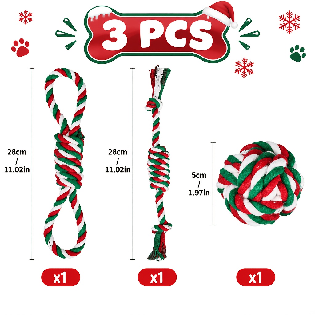 TEMU 3pcs Jouet Nœud de Noël pour Chien - Jouet Interactif à Mâcher pour la Dentition des Chiens de Petite/Moyenne/Grande Taille, Soin Dentaire,
