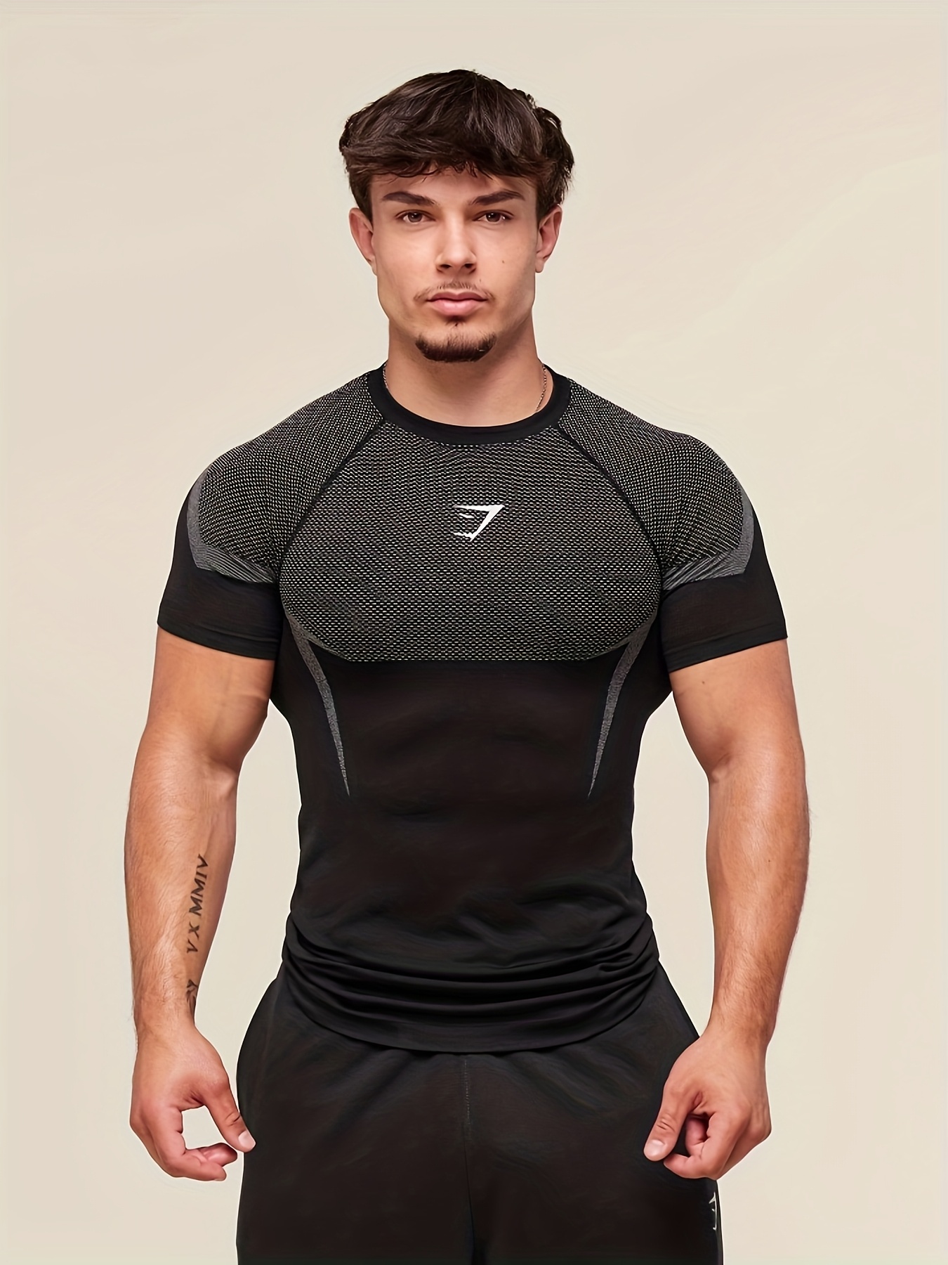 mens fitness running quick dry breathable tight fitting short sleeve shirt with   pattern shaping and enhancing muscle   for strength training moisture absorption and sweat removal with   stretch s 3xl size