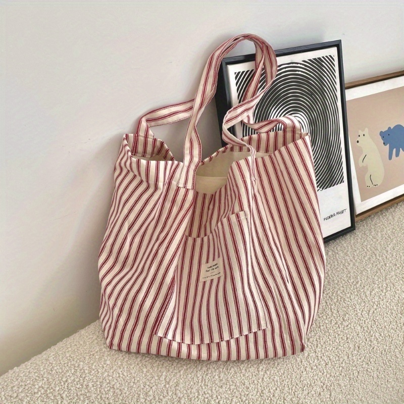 TEMU Women's Shoulder Bag Holiday French Striped Canvas Bag Versatile Shopping Tote Large Capacity Shopping Bag Women's Lightweight Commute Shoulder