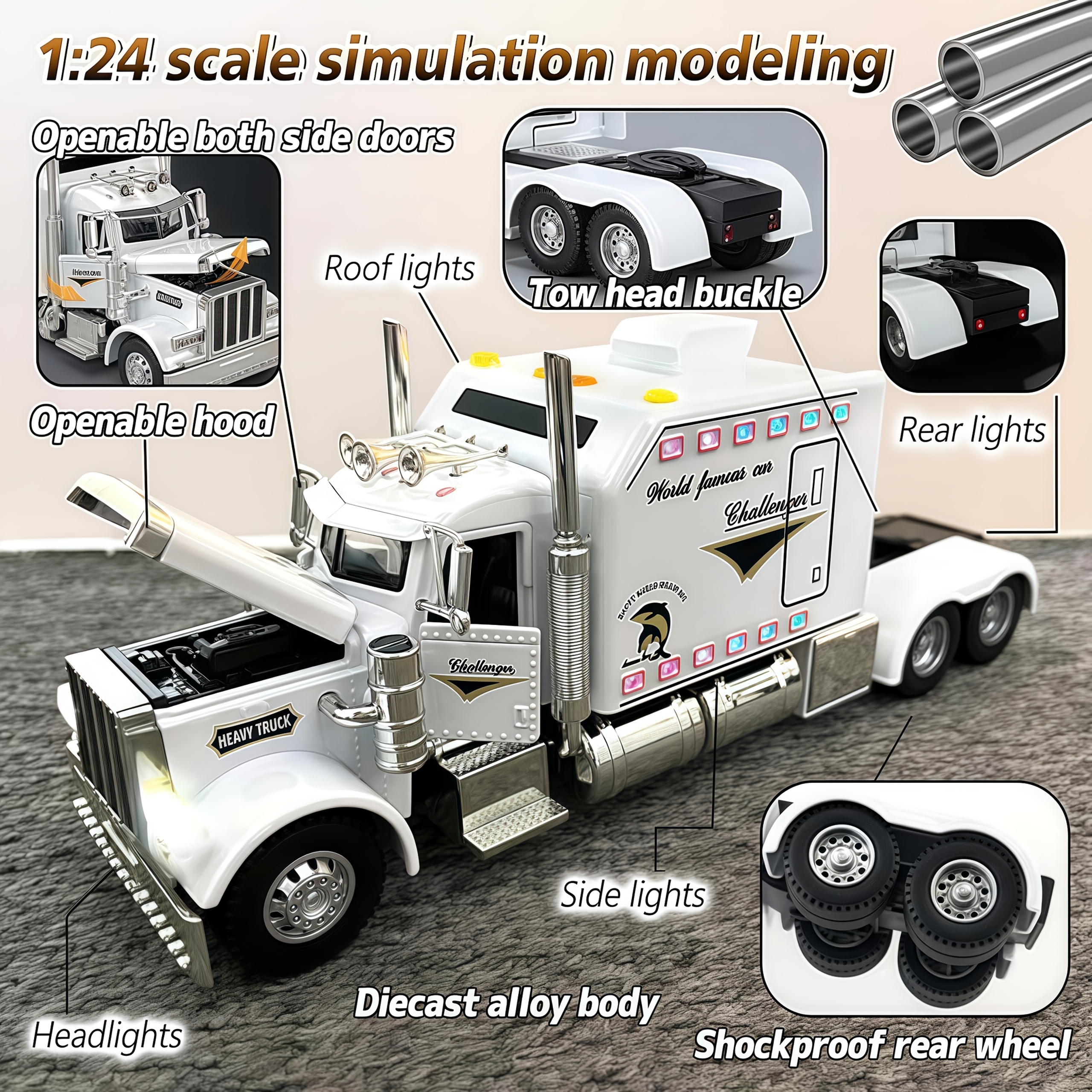 Metal Casting Model Car, Semi-heavy Trailer Toy Car, 1:24 Scale Truck Model, Pull-back Alloy Truck Toy, Perfect Gift For Children Over 6 Years Old, Birthday Gift, Collectible Toy Car Decoration