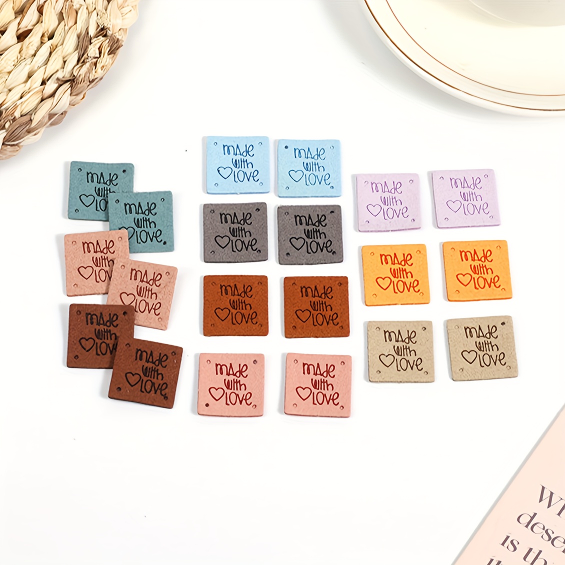 Image of 20 Handmade Labels Heart, Square Leather Tags For Sewing Accessories, Mixed Colors, Artificial Leather Material