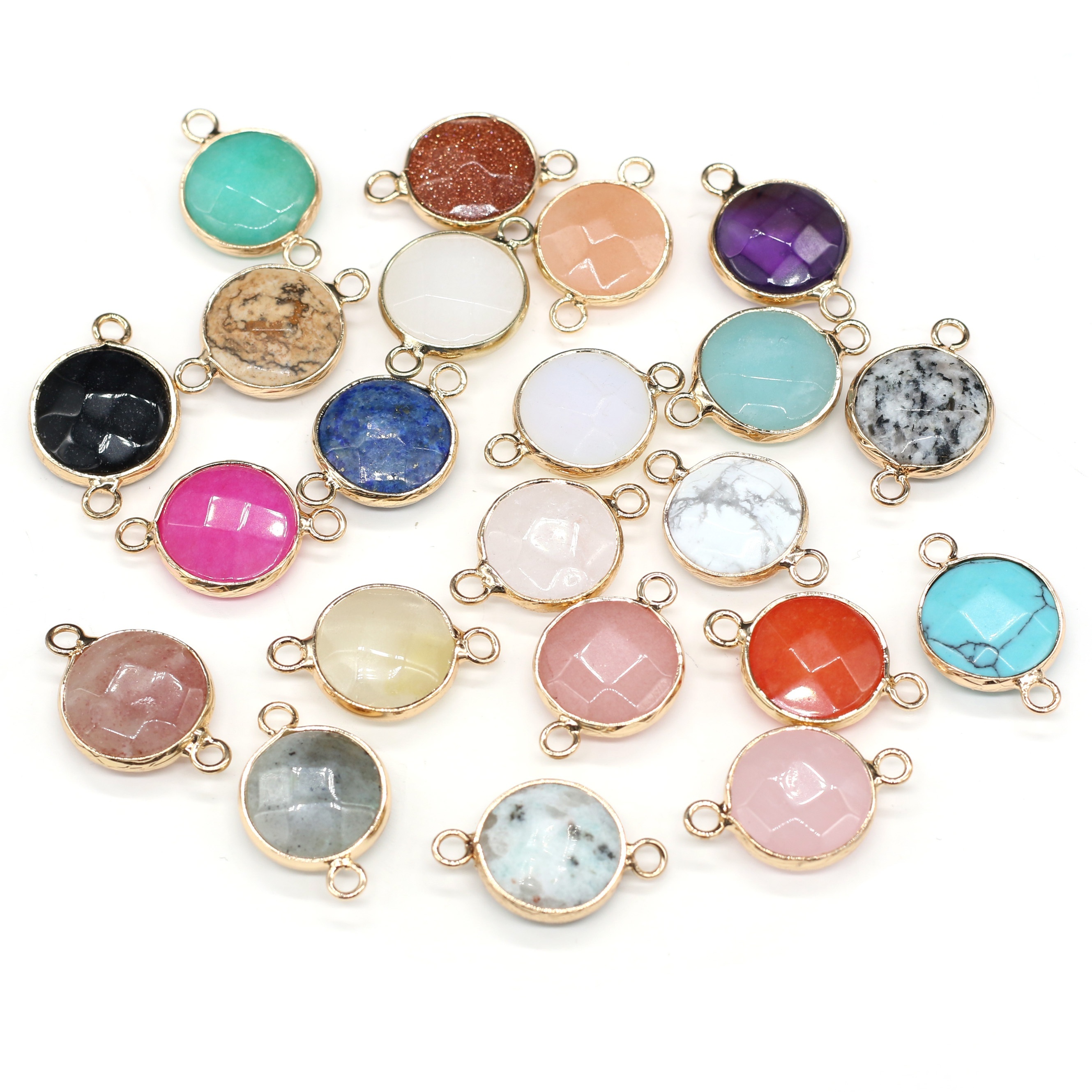 

5pcs Natural Stone Quartz Gemstones Double Hanging Round Charms Link Pendant Connectors For Jewelry Making Diy Bracelets Necklaces Earrings Accessories (random Color)