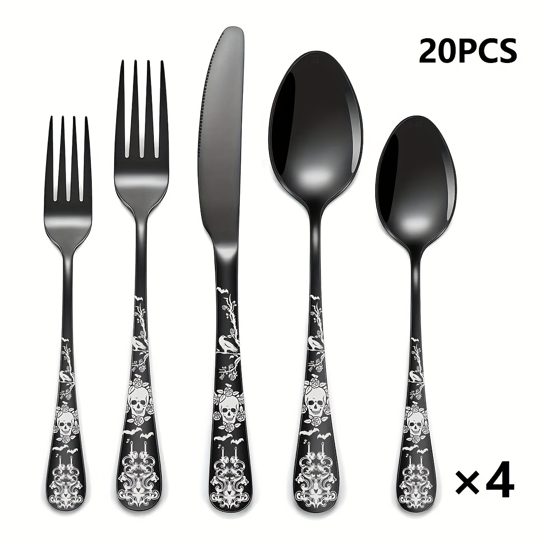 

5/20pcs, Blacks Silverware Set Suitable For 4 People, Stainless Steel Spoon, Fork, Knife, Gothic Pattern Unique Design, Mirror Polished, Dishwasher Friendly