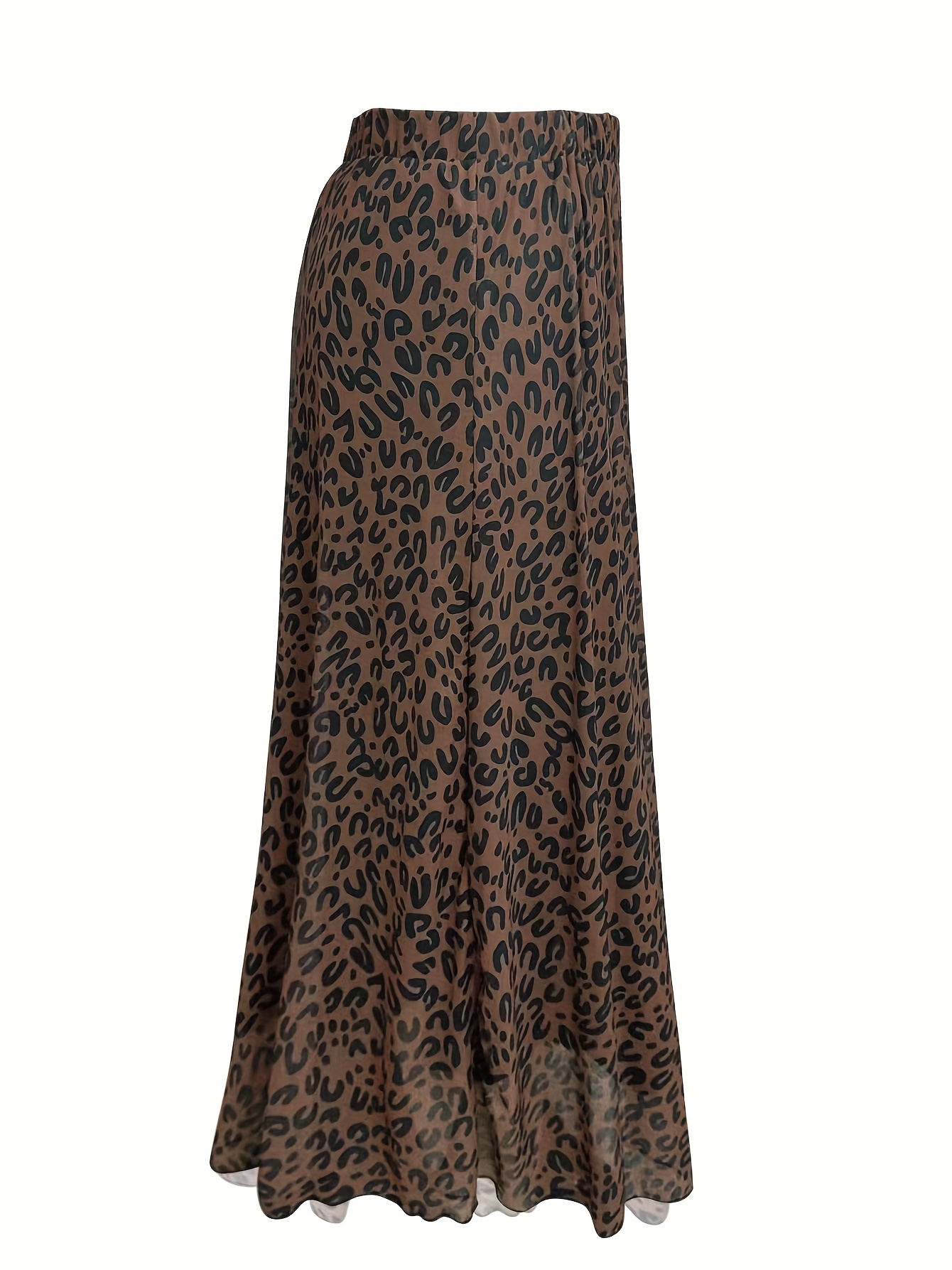 Women'S Plus Size Leopard Print Pleated Skirt 95% Polyester 5% Elastane,  Medium Stretch Knit Fabric 120-130g/m² Weight, Elegant Midi Length
