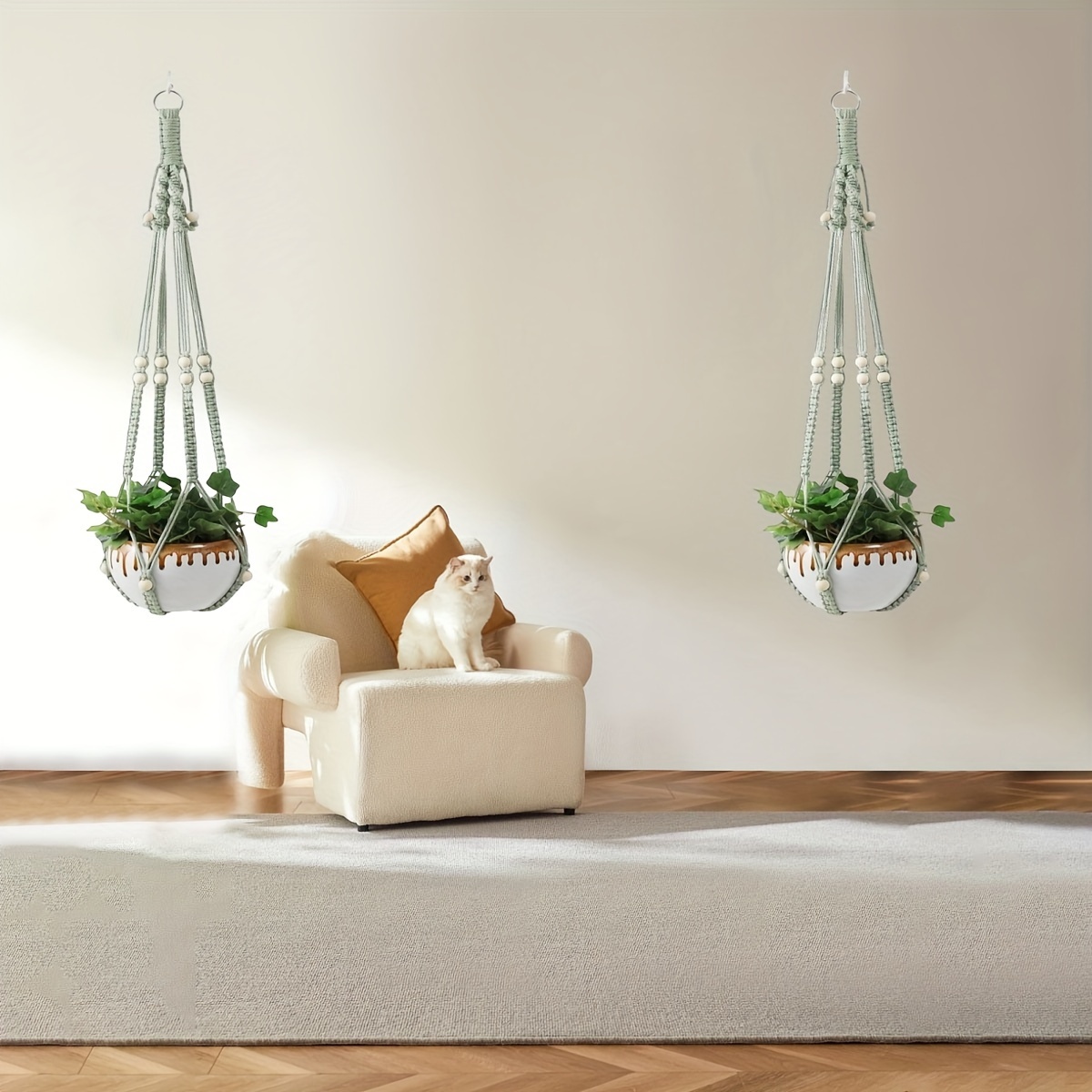 2pcs Green Macrame Plant Hangers, 35" Fabric Hanging Baskets With Trays & Hooks, No Tassel Indoor Outdoor Planter Holders For Plants, Plant Hangers Outside