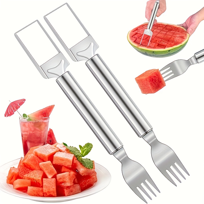 TEMU This Stainless Steel Watermelon Cutter Of 2 Pieces And Serves As A Knife And A Fork. It Features An Ergonomic Handle For Easy Dicing And Shaping Into Balls