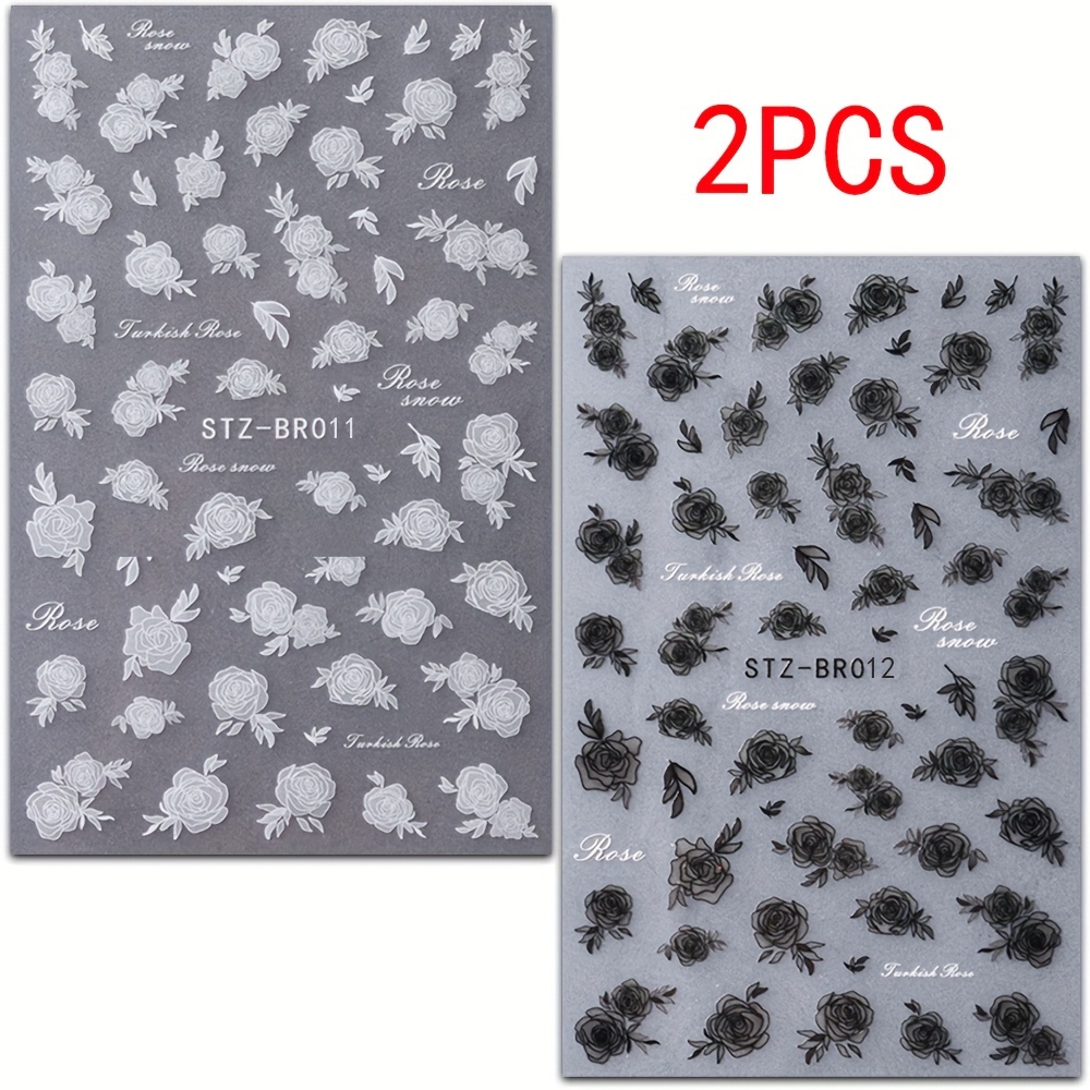 2pcs Set Of Three-dimensional Black And White Rose Classic Girly Love Nail Decals