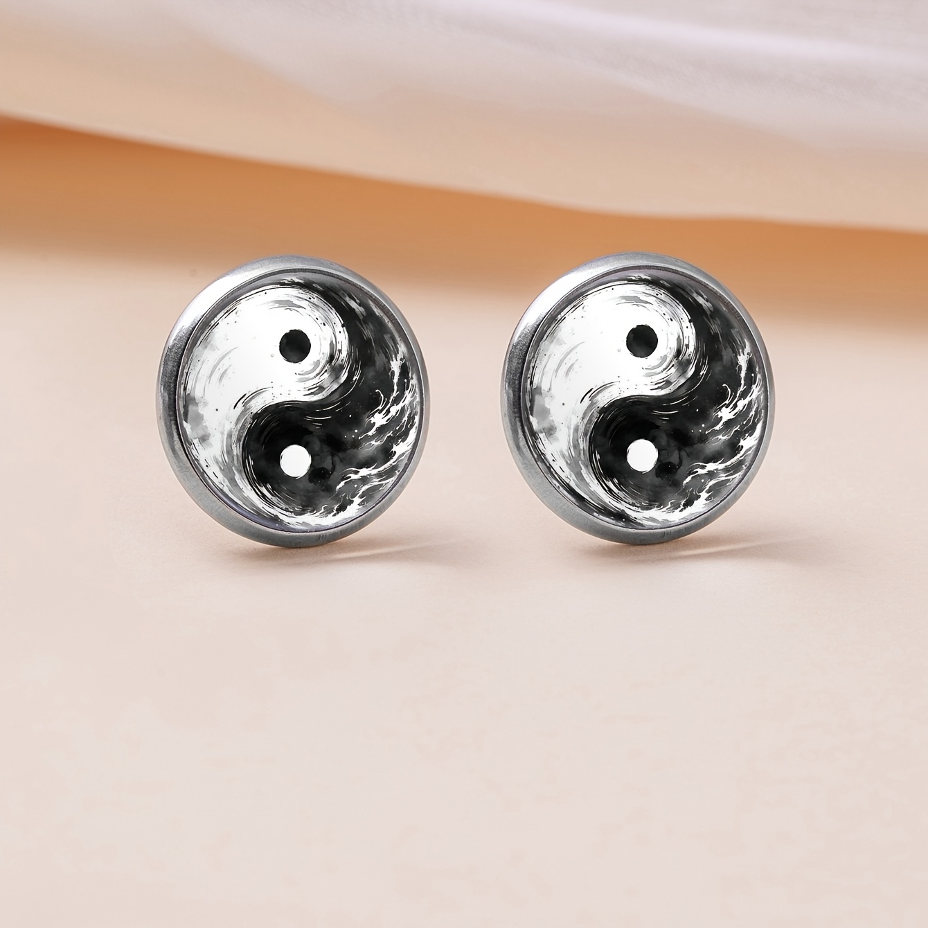 Image of 1pair Ink Black And White Tai Chi Pattern With Convex Glass Steel Stud Earrings, Style Men's And Women' Party Wear Jewelry Earrings