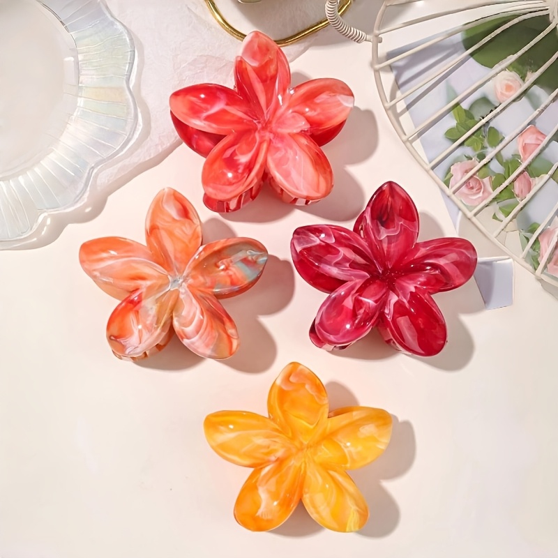 Image of 4pcs 2026 Spring/summer New Bohemian Style Hair Clips With Vibrant Orange And Red Marble Daisies. Stylish Clip Set. Elegant Hair Accessories For Women's Vacation Outfits