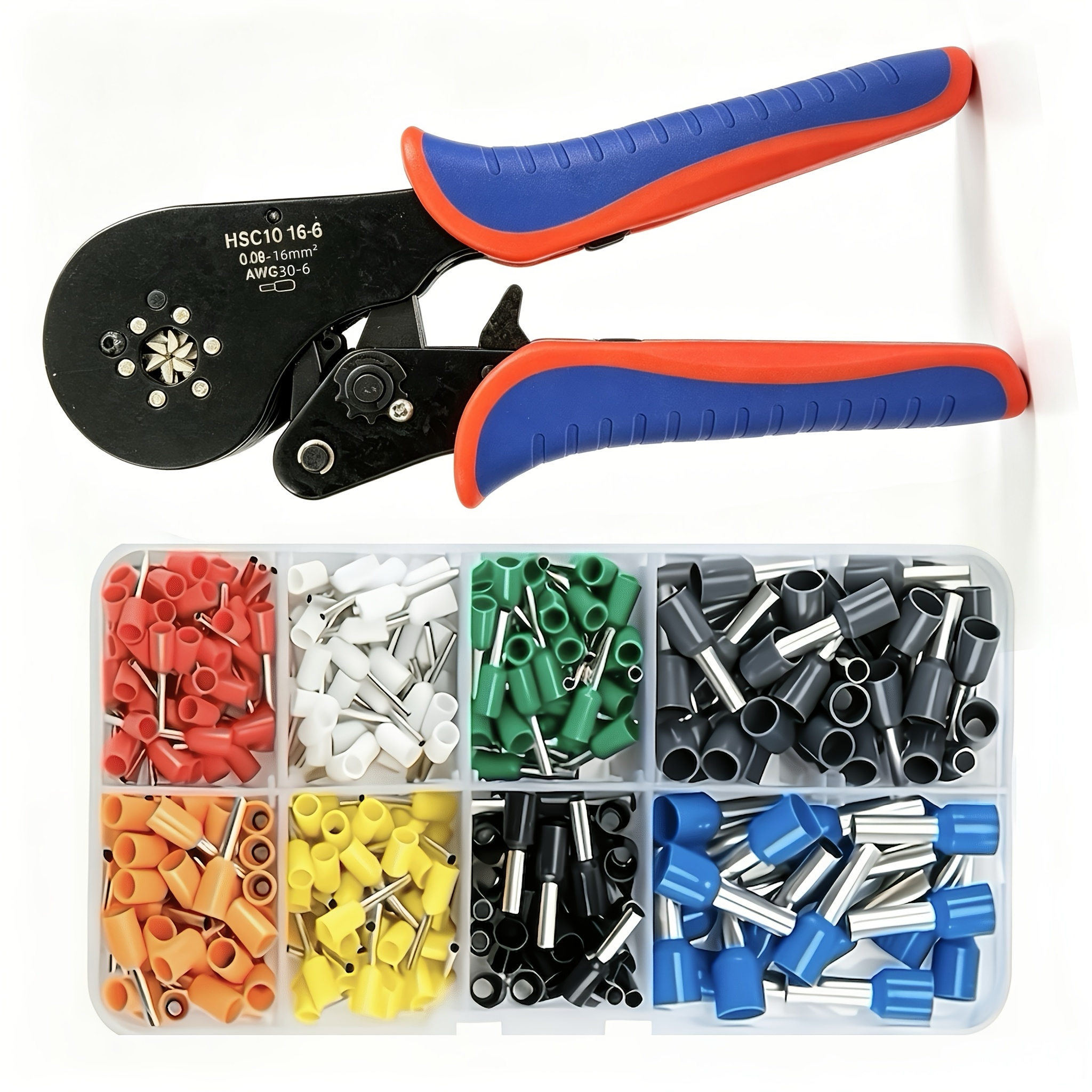 TEMU HSC10 16-6 Typ Drahtklemmen Crimpwerkzeug Set, Enthält 300 Stück 8 Größen VE Rohrverbinder, Geeignet für AWG 30-5 (0,08 bis 16 mm²) Drähte, mit