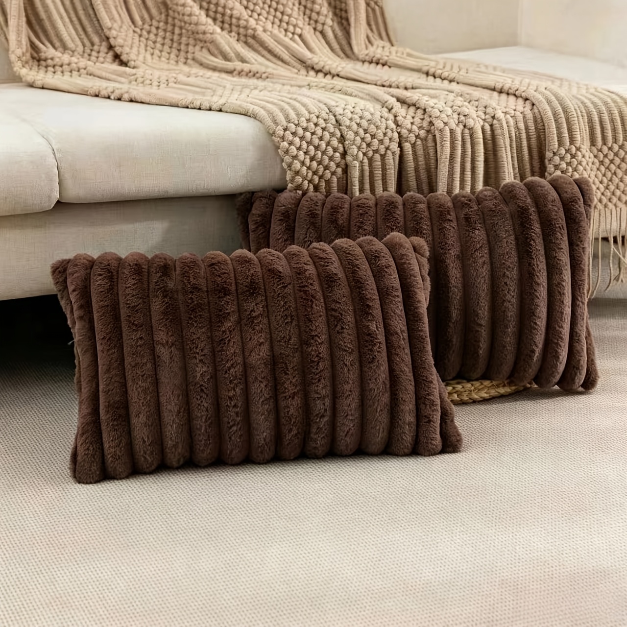 TEMU 2 stuks NVSNV Luxe Sierkussenhoezen van Imitatiekonijn, Gestreept, Geschikt voor Bank, Divan, Beddecoratie, Zachte Kussenslopen met Rits en