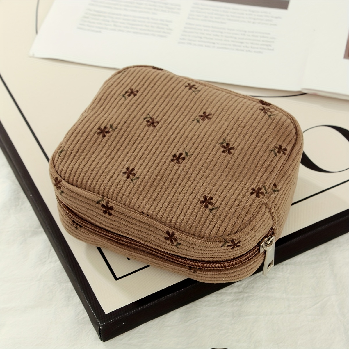 TEMU 1/2pcs Set Of Corduroy Brown Flower Quilted Octagonal Makeup Bag, Square Sanitary Napkin Storage Bag, Large Capacity Portable Travel Cosmetics