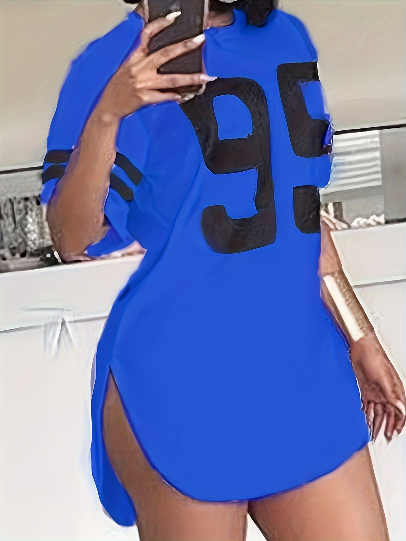Women's Casual Longline T-Shirt with Bold '99' Graphic Print - Vibrant Blue Relaxed Fit, Mid-Stretch Machine-Washable Fabric for All-Season Comfort, Cute T Shirts, Everyday Clothing, Sporty Aesthetic, Stretchy Material