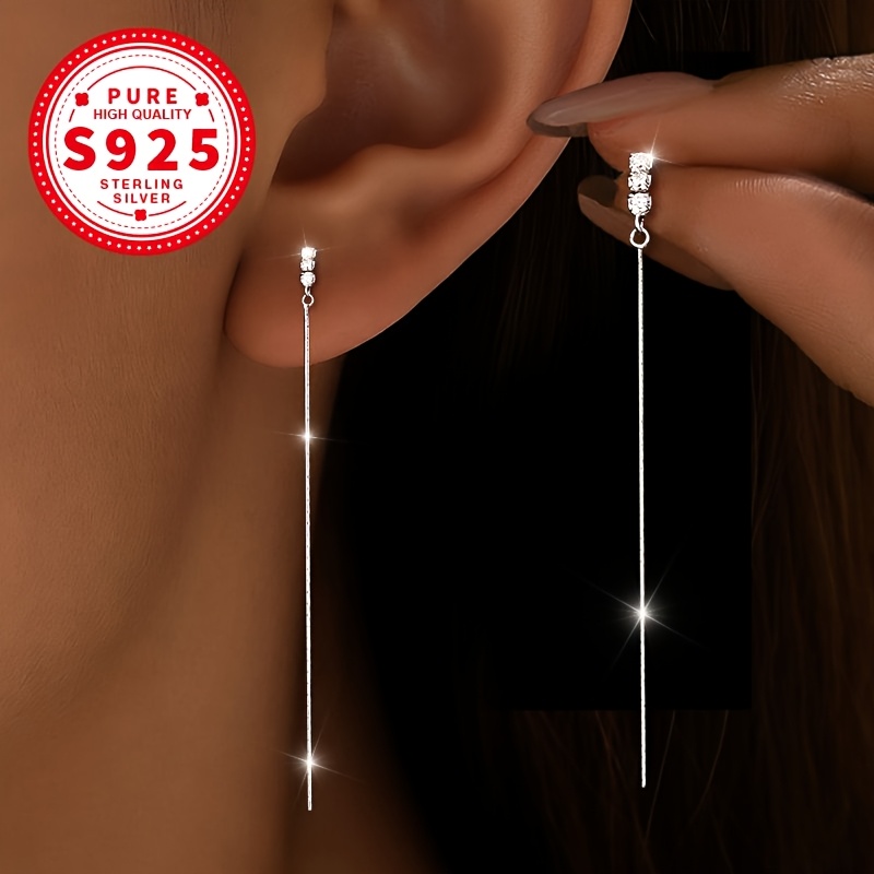 Women's S925 Sterling Silver Shiny Three-Circle Zirconia Long Tassel Earrings