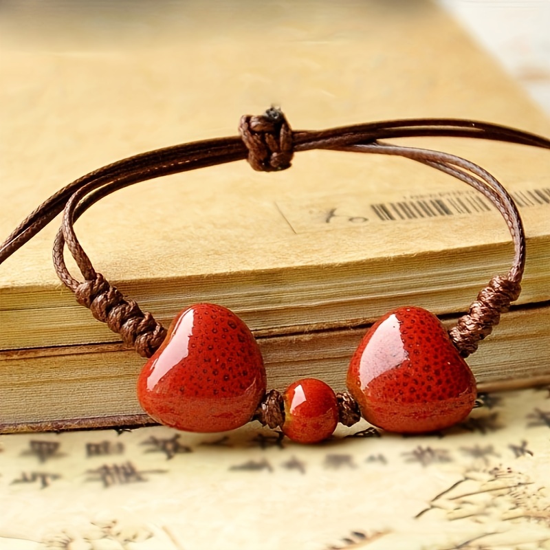 Vintage Ethnic Love Heart Ceramic Bead Bracelet Rustic Style