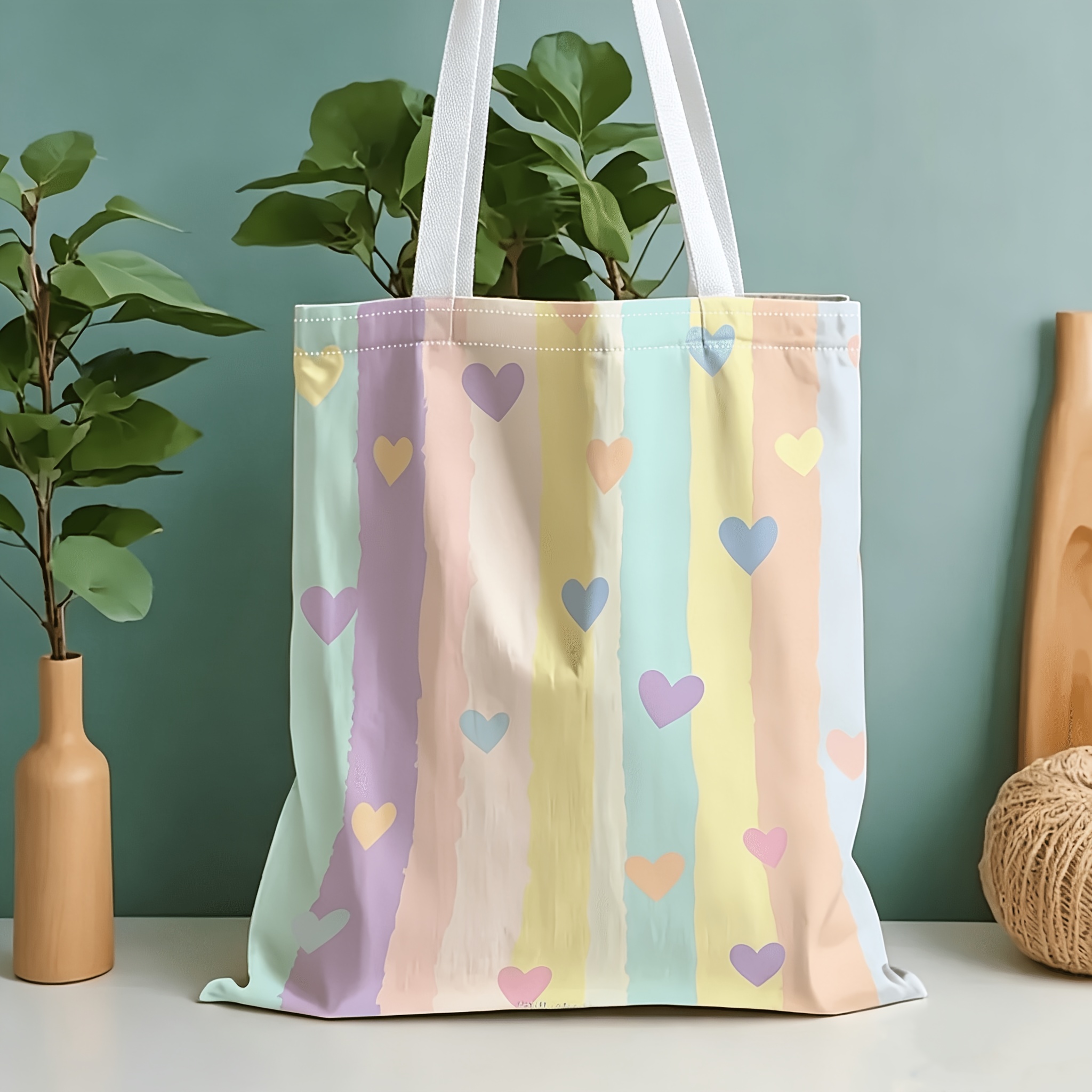 TEMU Grand sac fourre-tout rayé multicolore de grande , adapté pour , les , le shopping et - Cœur coloré et rayures, organisateur à ouverture