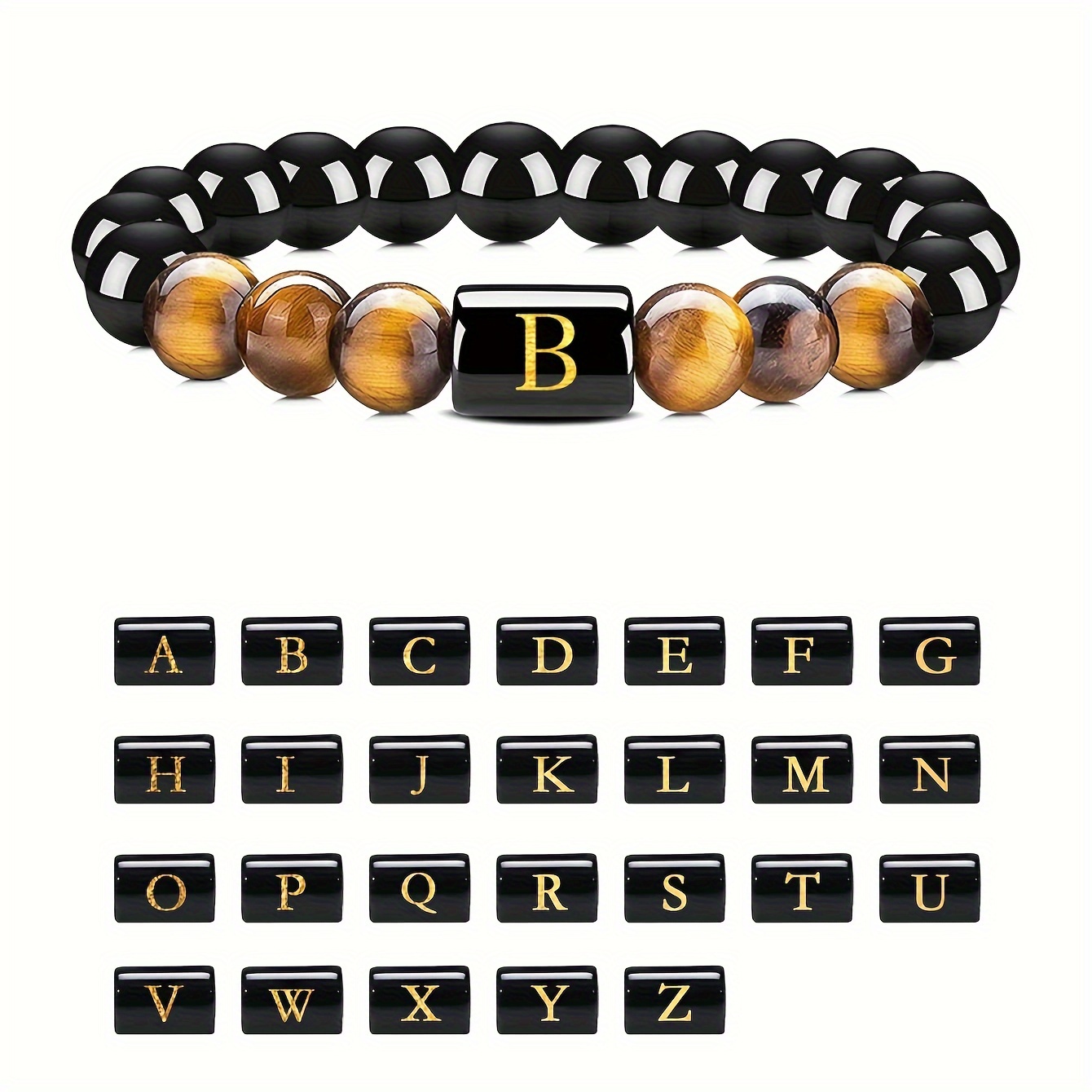 

Initial Beaded Bracelet, Tiger Eye & Black Onyx Stone, Elastic Couple's Matching Bracelet, Unisex, Vintage & Minimalist Style, Alphabet A-z Charm, Perfect Gift For Friends And Family