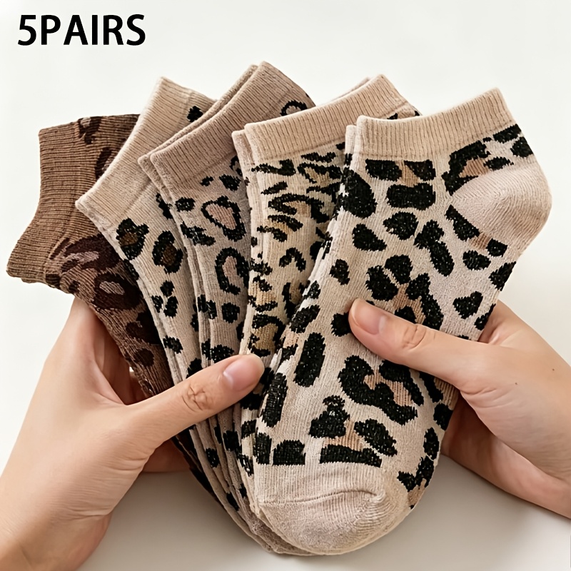 Image of 5 Pairs Women's Leopard Print Short Socks, Cute Low-cut Casual Socks, Soft Breathable Fashion Socks, Animal Pattern Socks, Daily Wear, Multi-colors
