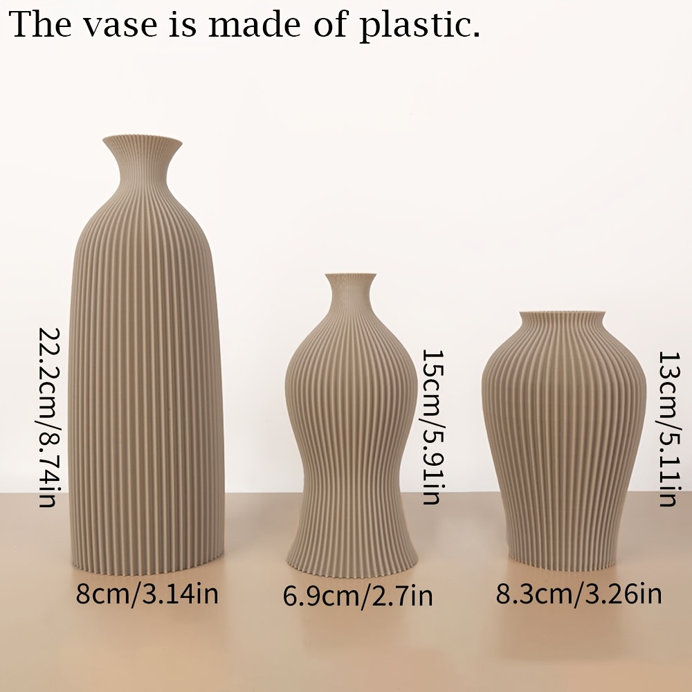 3pcs Morandi Vertical Pattern Plastic Vase 3pcs Set, - Style Home Decoration Item, Light Luxury And Simple Living Room Table, Dried Flower Arrangement, Size Combination