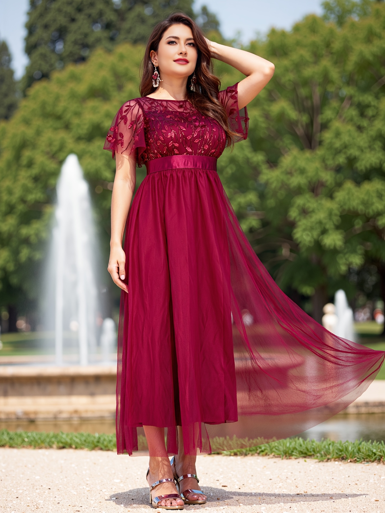 elegant plus size bridesmaid dress two piece mesh overlay Temu