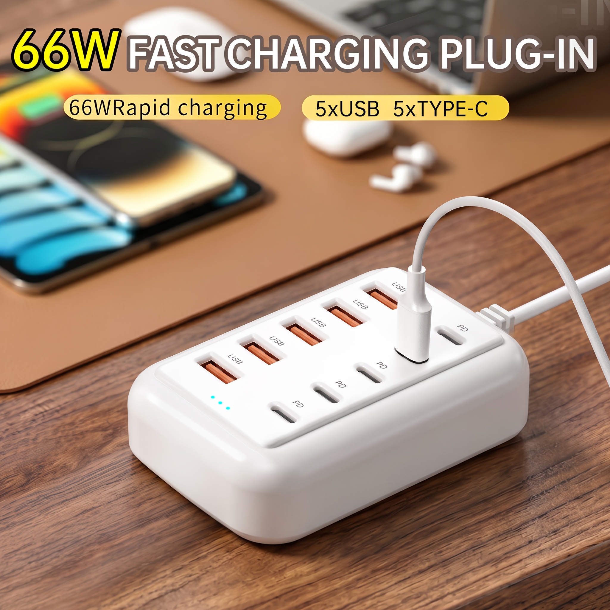 Image of 10-port 66w Usb-c Fast Charging Station – , 5*type-*usb-a Ports, Suitable For /multiple Devices, Power , Power Adapter, Must-have For Tech Enthusiasts, Organizer, Space- Charger