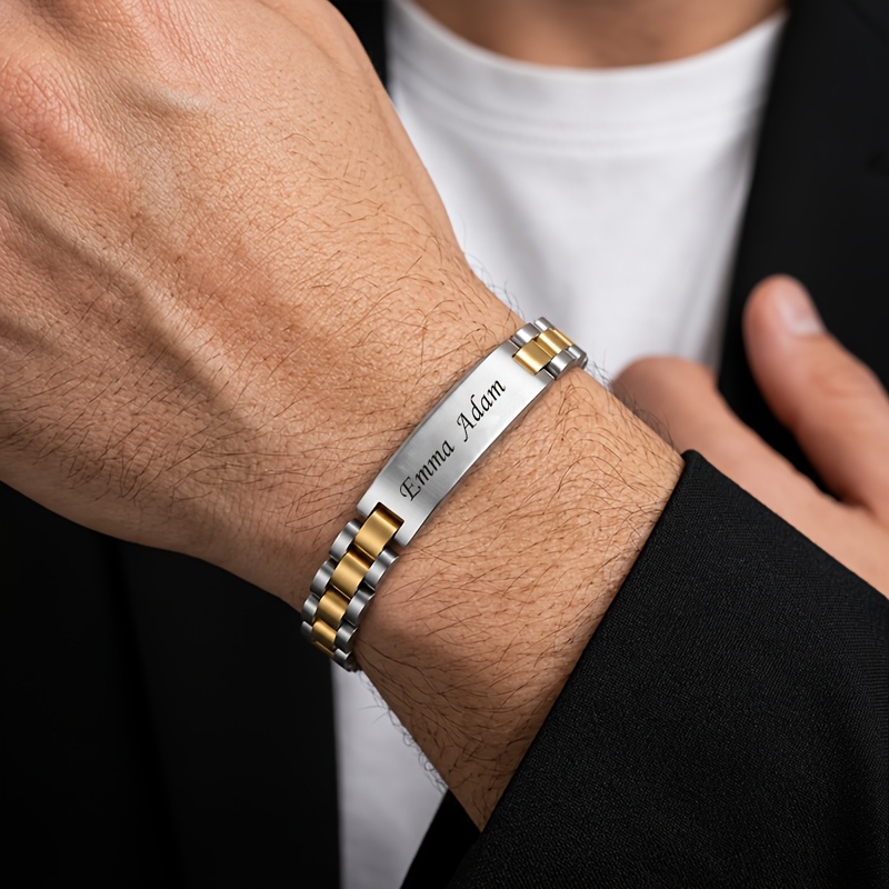 TEMU Custom Name Bracelet Personalized Engraved Plaque With A Short 304 Stainless Steel Men's Business Accessories Stylish Luxury Men's Jewelry