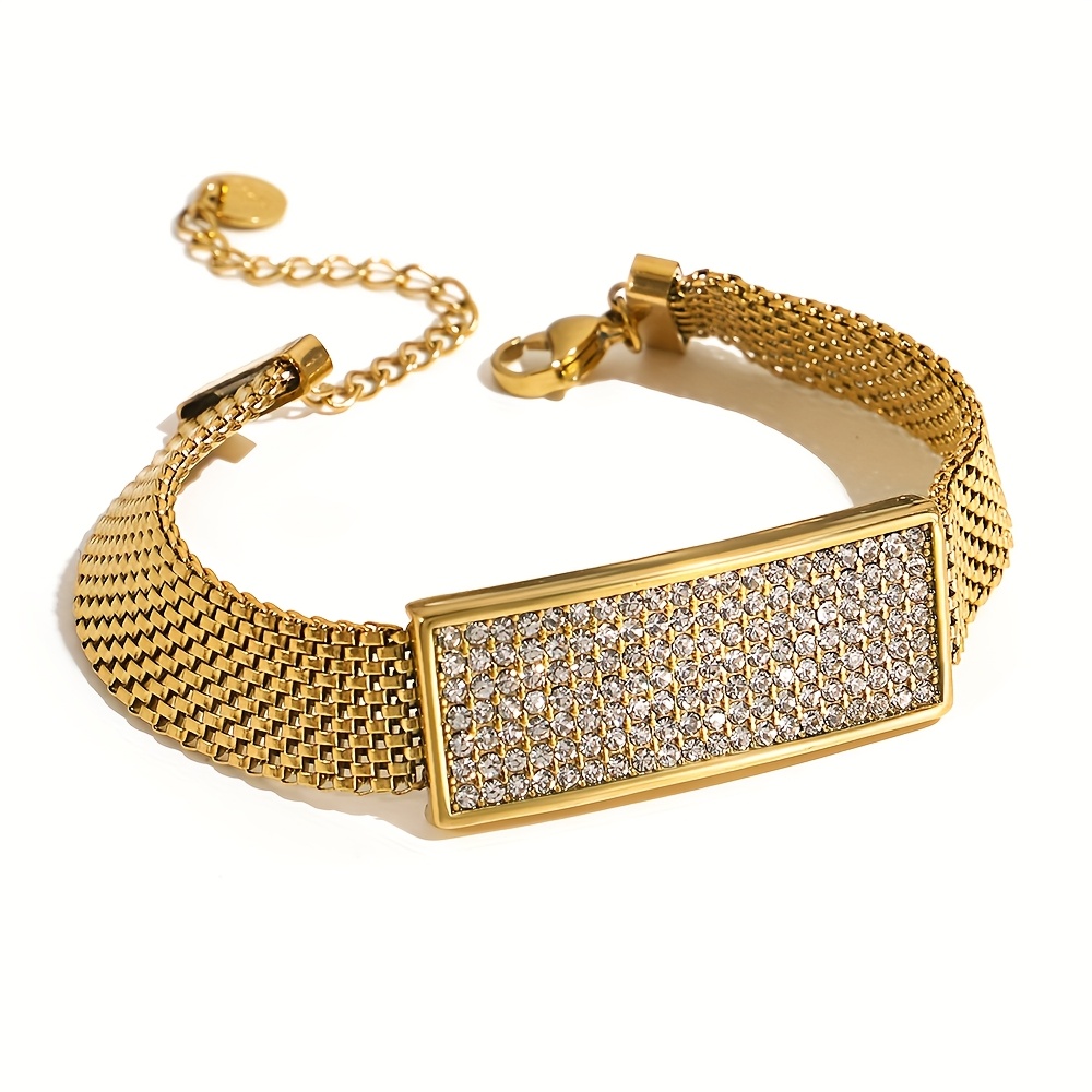 E-shop Luxuriöses Neues 304 Edelstahl Metallarmband mit großen Blocksteinen Strasssteinen, Armband, modisches Metall, modischer Schmuck geeignet für