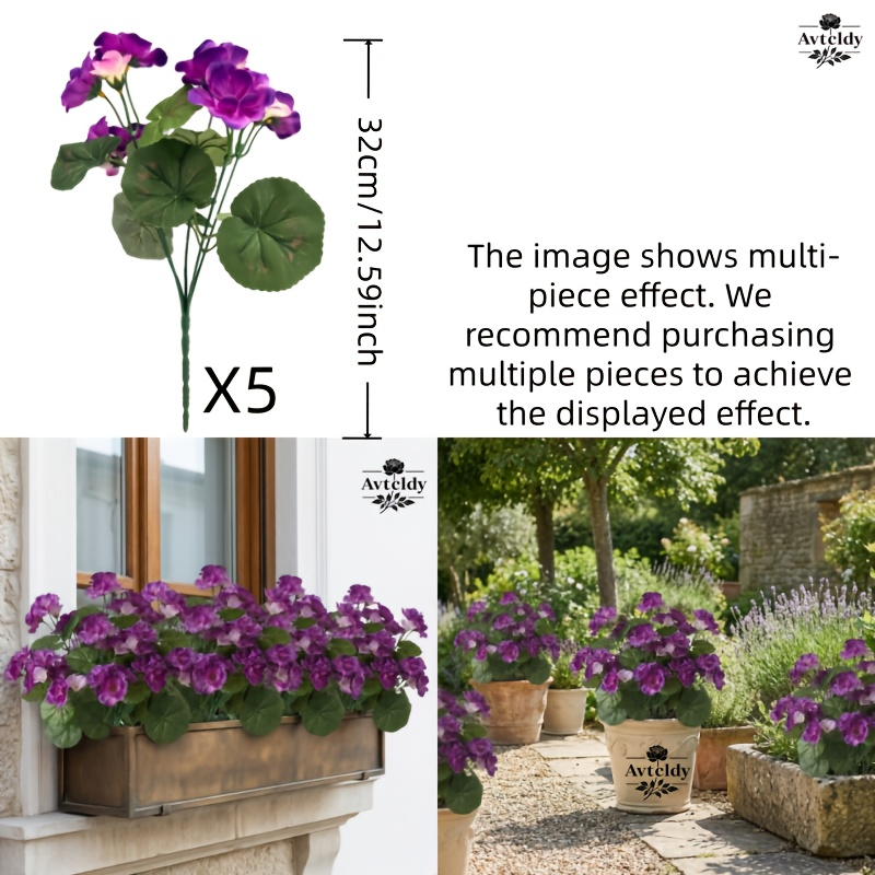 Image of 5 Bunches Luxury Artificial Flower Arrangements | Suitable For Home Decor, Weddings, Hanging Displays, Indoor/outdoor Use - Plastic Geranium Fake Flowers