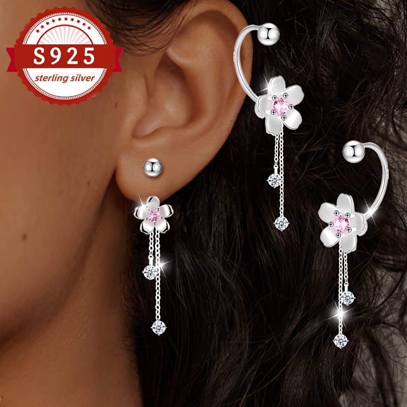 TEMU 1 Pair, 925 Silvery, Cherry Fringed Round Bead Screw Ears, Sweet And Fashionable Earrings, Women's Fashion Earrings, Women' Earrings, Suitable