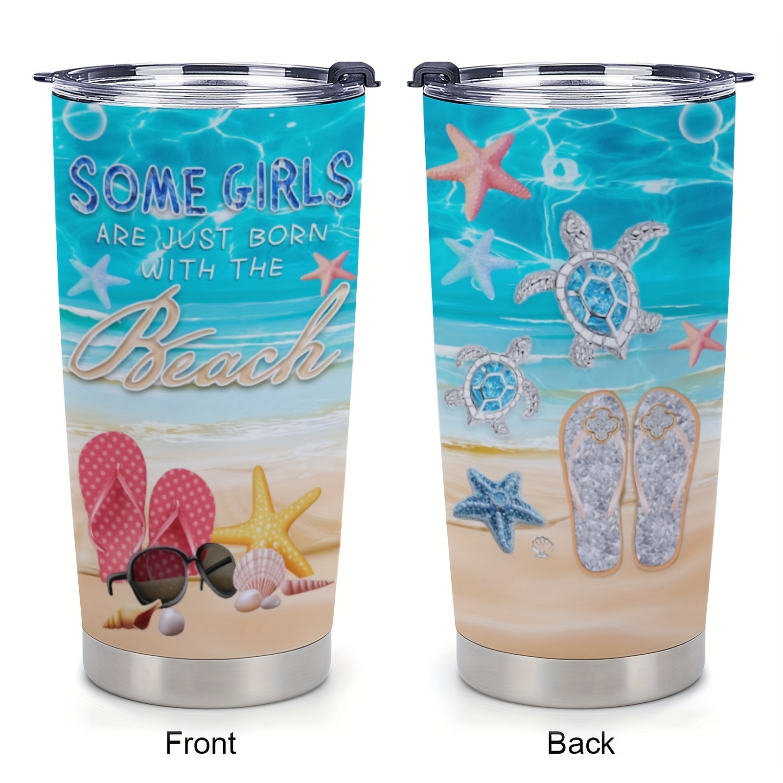 

1pc 20oz Stainless Steel Insulated Tumbler, Beach Lover Mug With Lid, Turtle & Starfish Design, "some Girls Are Just Born With The Beach In Their Souls" Quote, Car Cup Holder, Beach-themed Gift