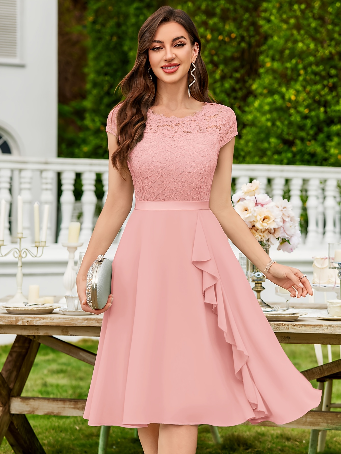 womens elegant lace contrast chiffon ruffle classy formal - Temu