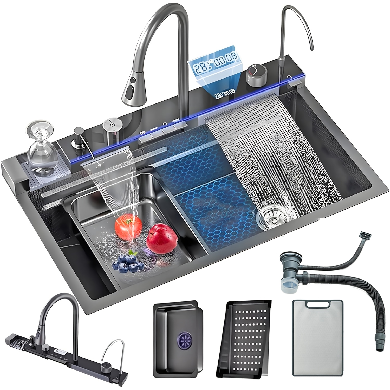 TEMU Single-bowl Waterfall Kitchen Sink Featuring An Led Display, Cup Washer, Soap Dispenser, Waterfall Mixer Faucet, And Countertop Controller;