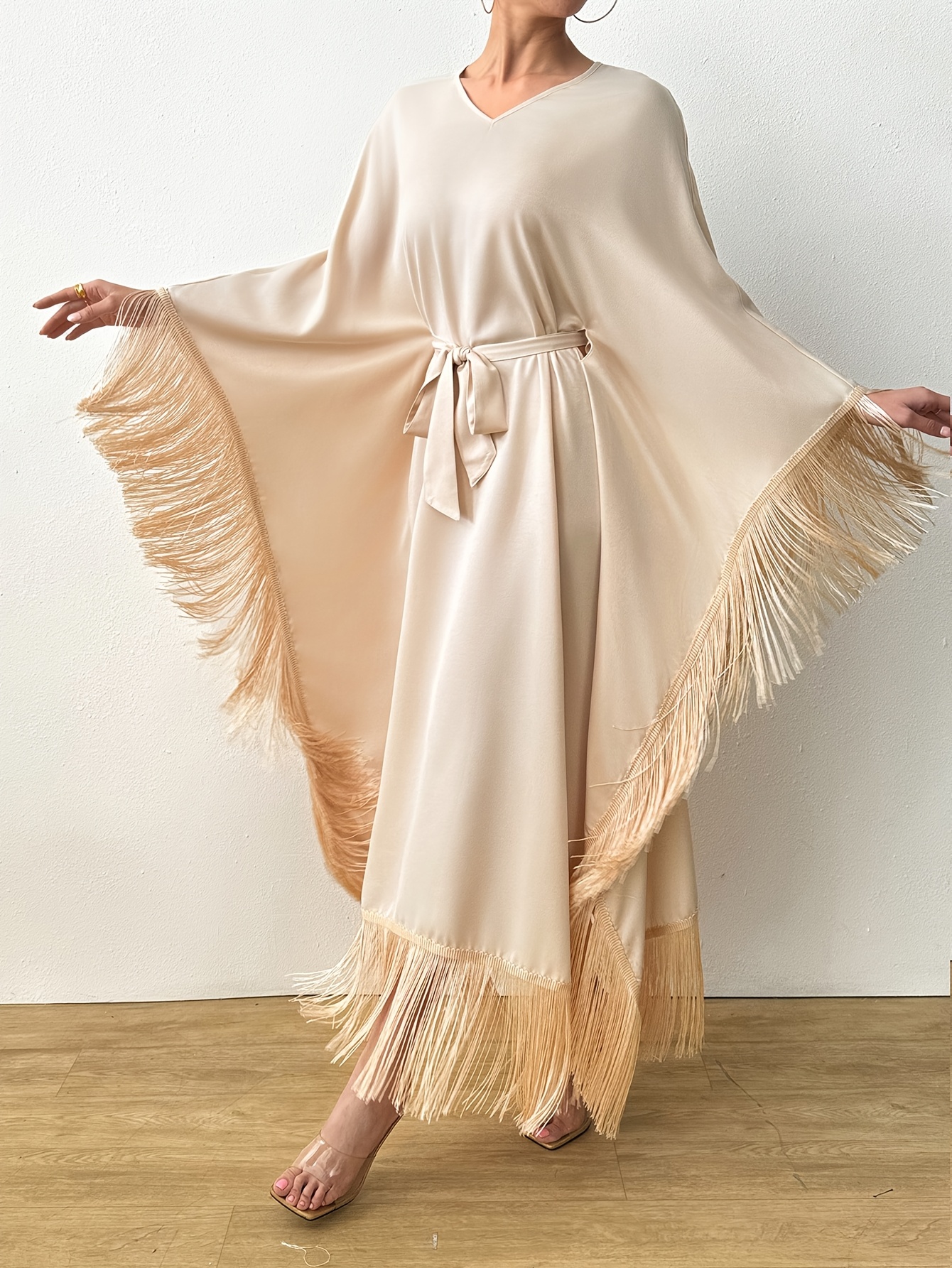 womens casual v neck kaftan dress tassel detail season - Temu