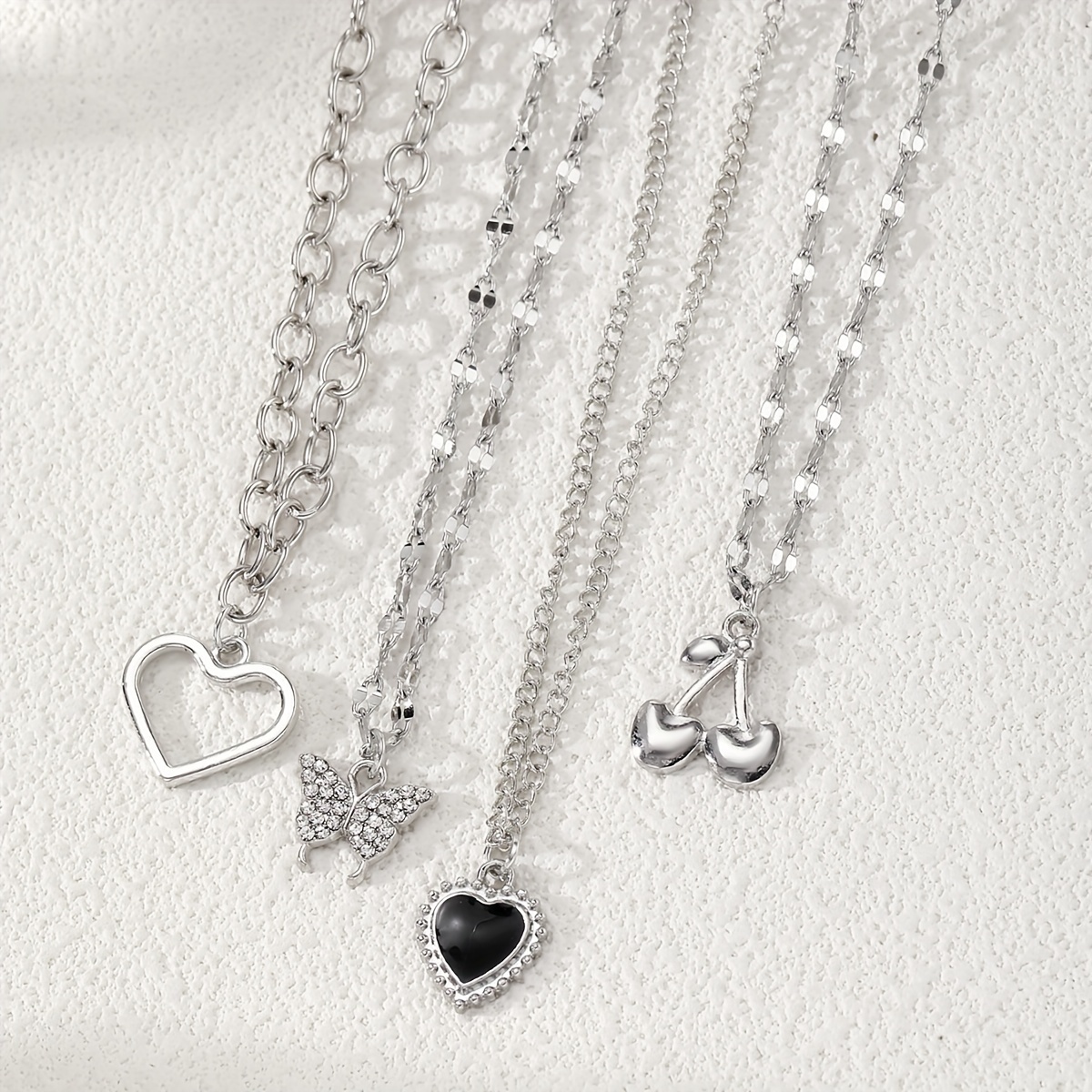 4pcs Elegant Shiny Rhinestone Butterfly Heart Pendant Necklace Set, Stylish Silvery Cherry Multi-Layer Layered Necklaces for Women, Trendy Daily Party Accessories