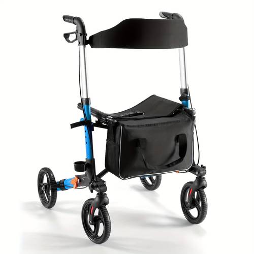 lightweight and foldable rollator walker featuring a seat aluminum frame 8 inch solid wheels handles and backrest in blue