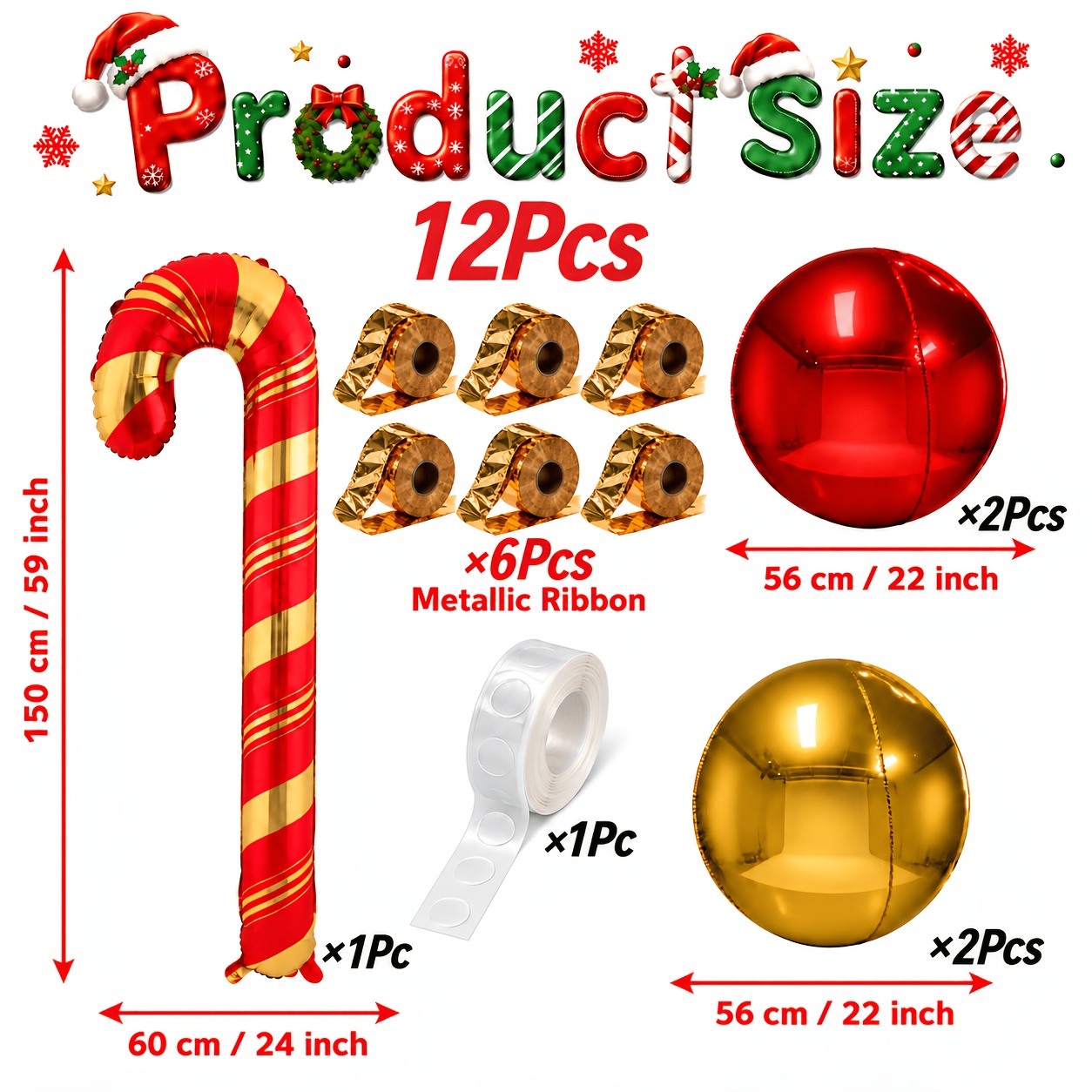 TEMU 12 piezas de bastones de caramelo navideños extragrandes a rayas doradas y con globos de lámina dorados y rojos, adecuados para decoraciones de