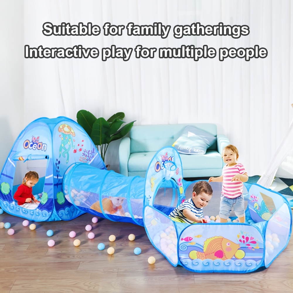 3-delige Blauwe Oceaan Thema Kinderballenbak Set met Glijbaan-achtige Tunnel & Koepelhoes