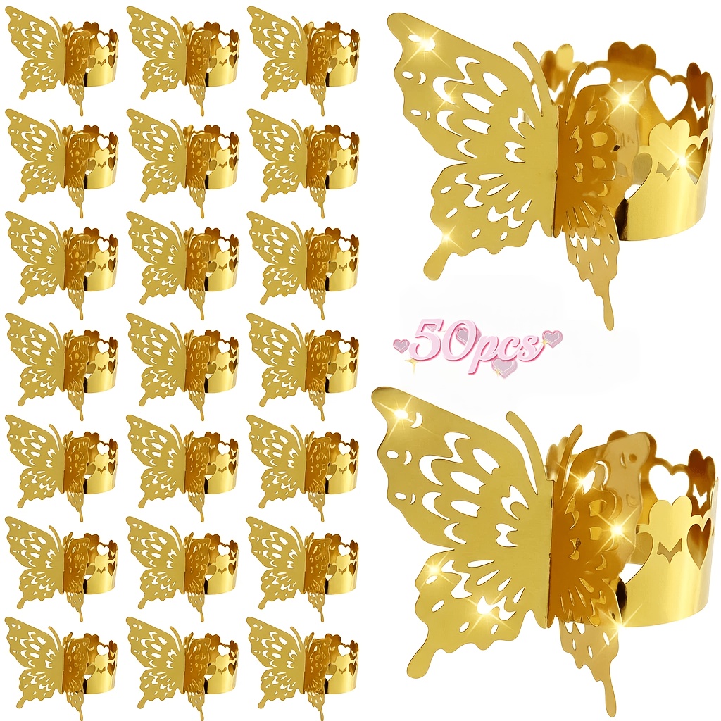 TEMU 50pcs Anneaux de serviette jetables en papier, cœur et papillon, découpés au laser, pour tables de dîner, décoration de fête de mariage