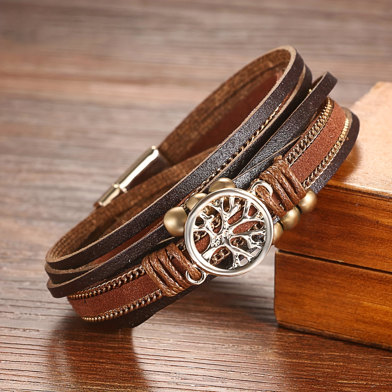 Image of A Women's Bracelet Featuring A Bohemian Tree Of , This Retro Stacked Faux Leather Wide Bracelet Makes A Jewelry Gift For Her