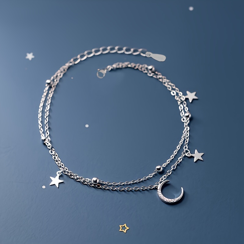 

Moon Star Pendant Thin Chain Bracelet Double Layers Adjustable Hand Chain 1pc