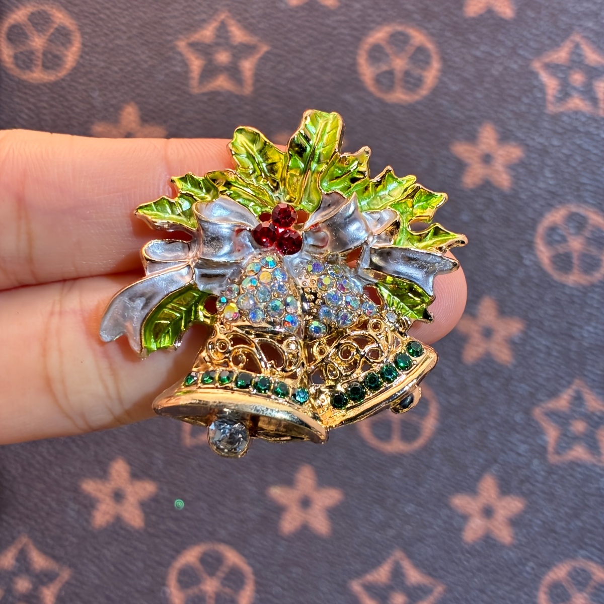 Sparkly Green Christmas Bell Brooch, Retro Pin