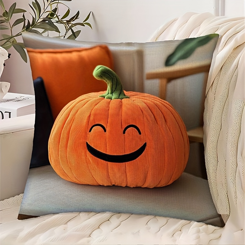 TEMU 1 Cozy Pumpkin-shaped Plush Pillow Cover, Measuring 45.72x45.72 Cm, Made Of Soft Polyester Featuring A Jack-o'-lantern Design, With A Zipper