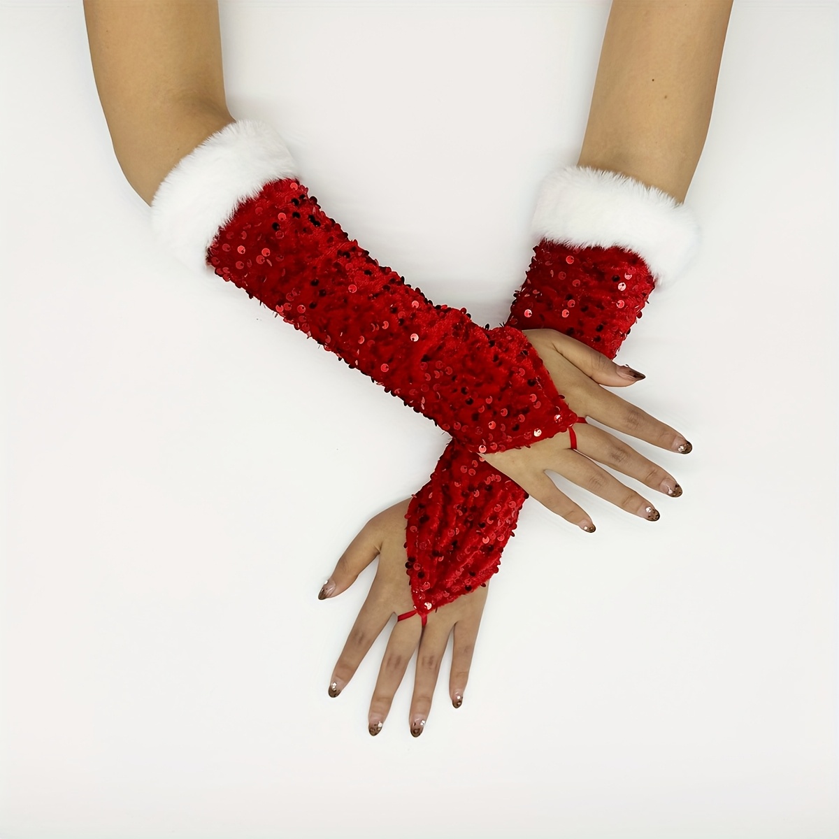 TEMU Un par de guantes cortos de seda dorada para dedos, blancos, para Navidad, adornos para fiestas navideñas