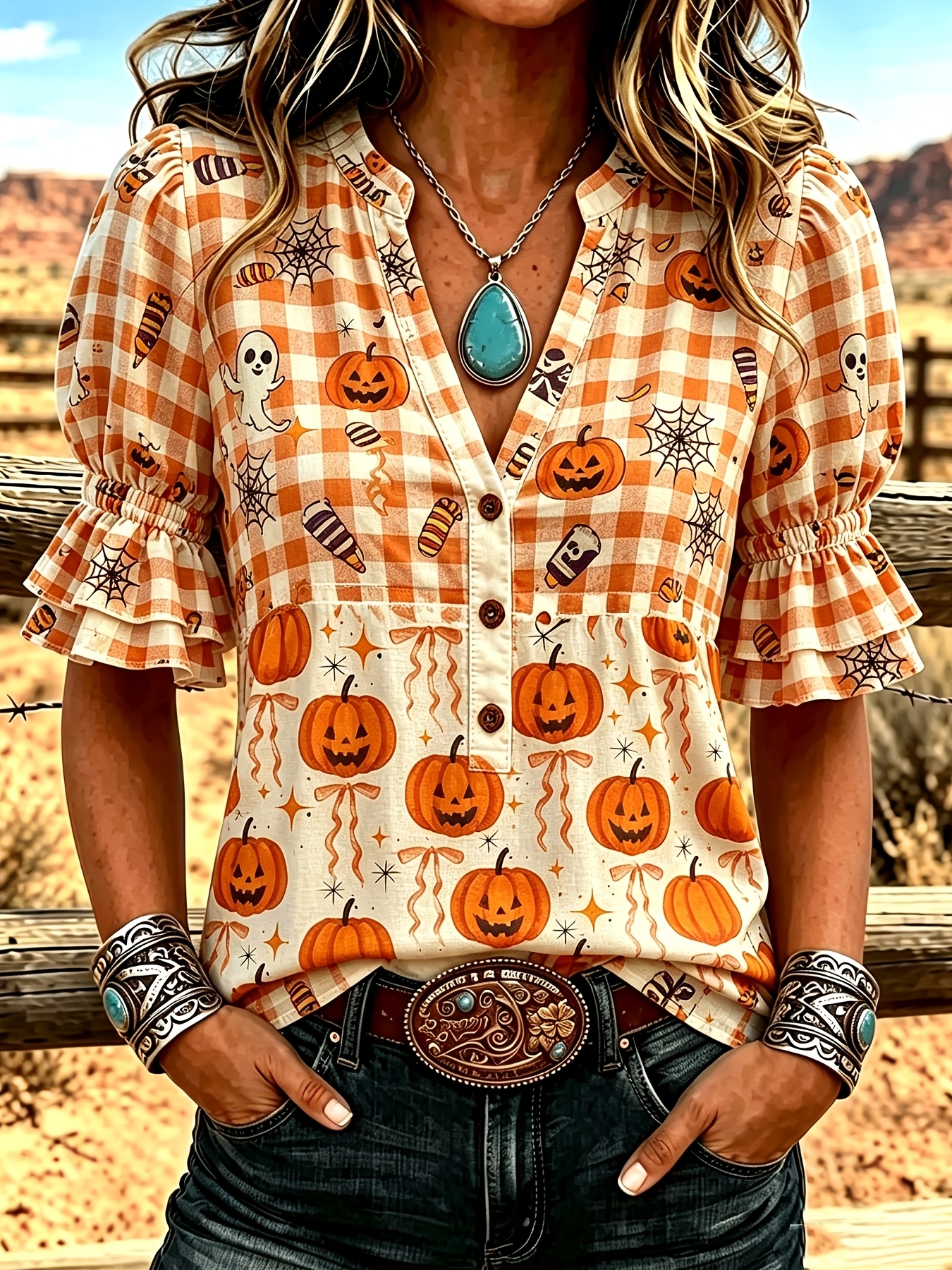 pumpkin   print womens double ruffle sleeve blouse casual v neck button up shirt lightweight summer top