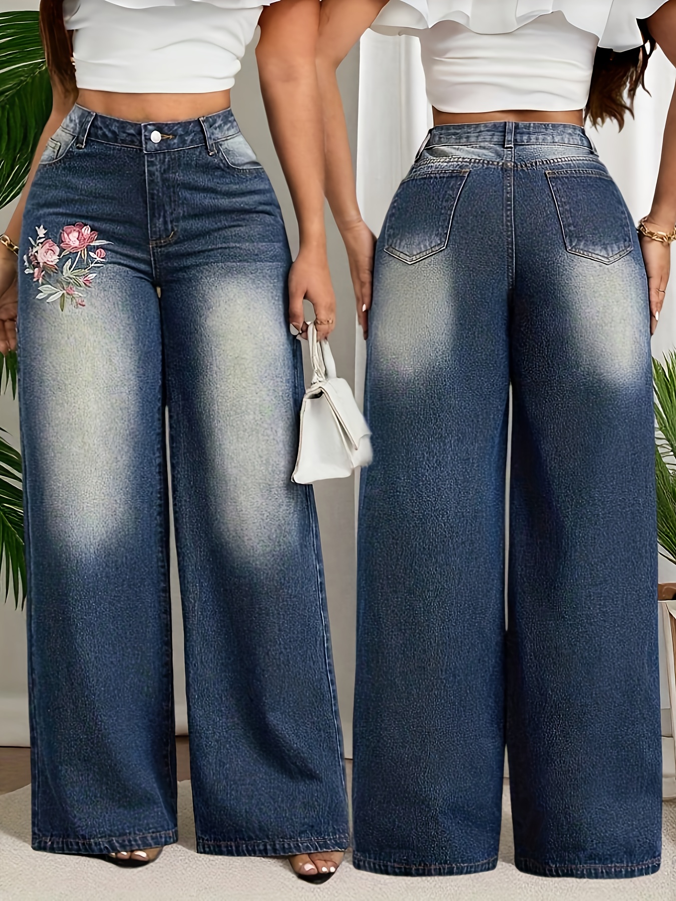 2026 Spring/Summer New Floral Embroidered Stretch Wide-Leg Pants, Loose Fit Wide-Leg Jeans, Embroidered Wide-Leg Women's Washed Denim Pants