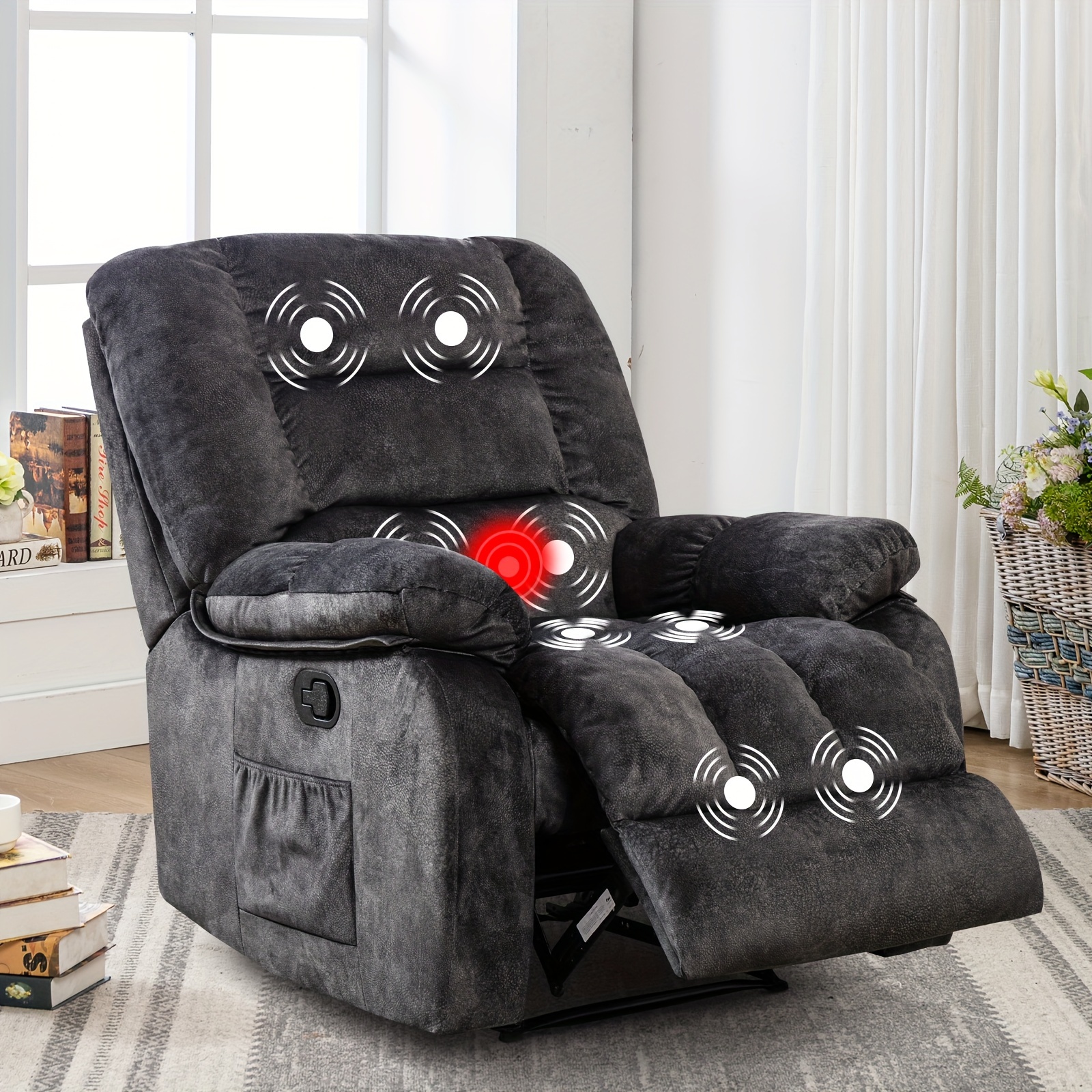 

Large Recliner Wide Manual Recliner For Elderly Fabric Living Room Padded Adult Recliner, Bedroom Recliner With Vibration, Usb Port And Remote Controls