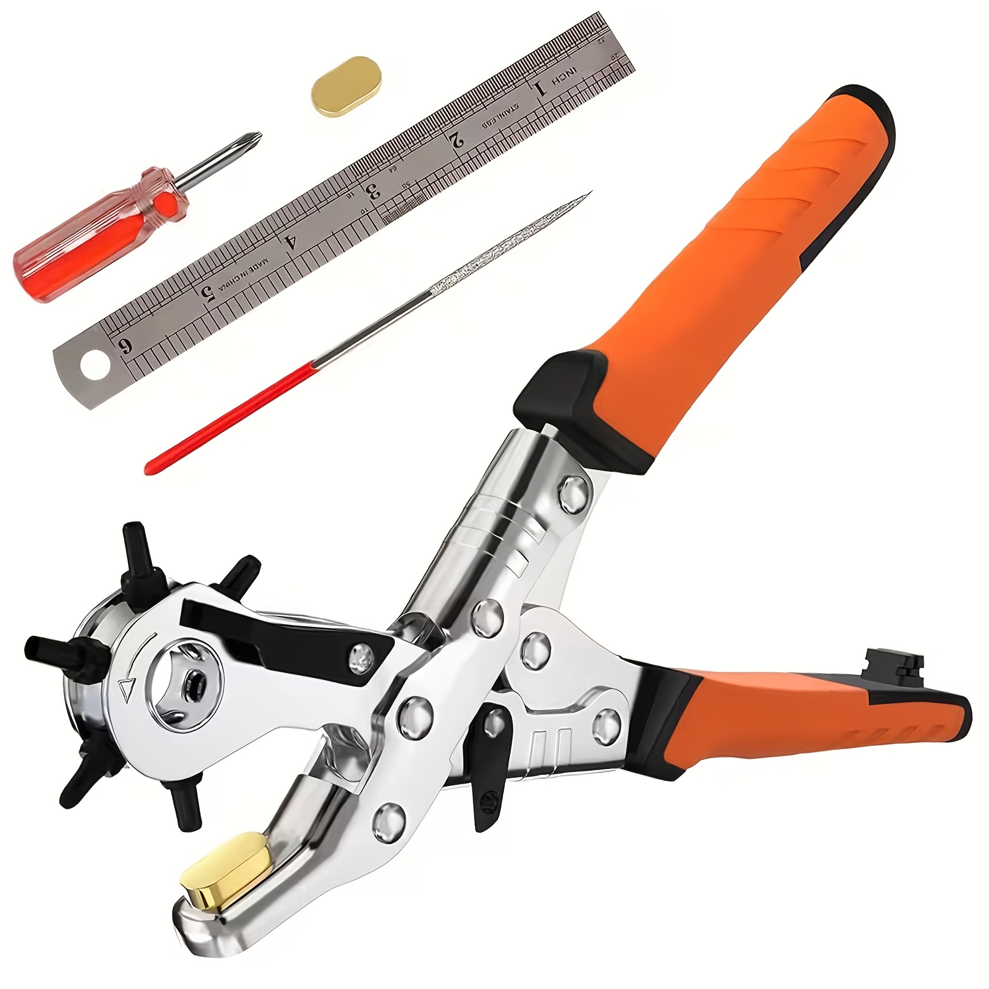 TEMU Pince à perforer rotative robuste pour cuir - Outil de perforation réglable 6 tailles (2mm-4.5mm) avec têtes en acier à haute teneur en carbone,