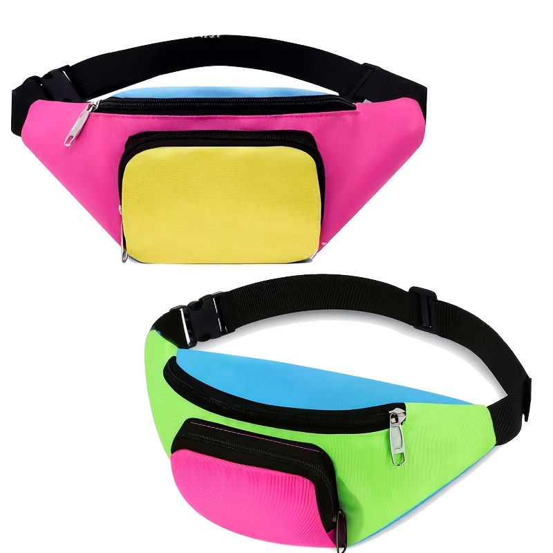 TEMU 2pcs Of Retro 80s Neon Waist Bags For Couples, Featuring Adjustable Shoulder Straps, Vibrant Neon Colors, Contrasting Design, Suitable For
