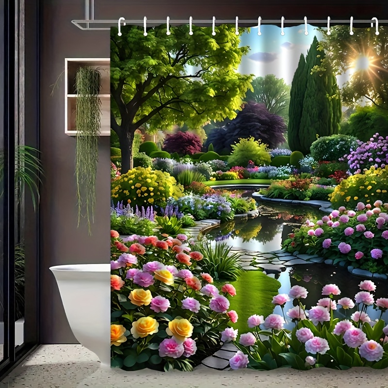 TEMU A Shower Curtain Featuring A Pond Design, Complete With Hooks, Washable For , Suitable For Bathroom , And Serves As A Decorative Home Accessory